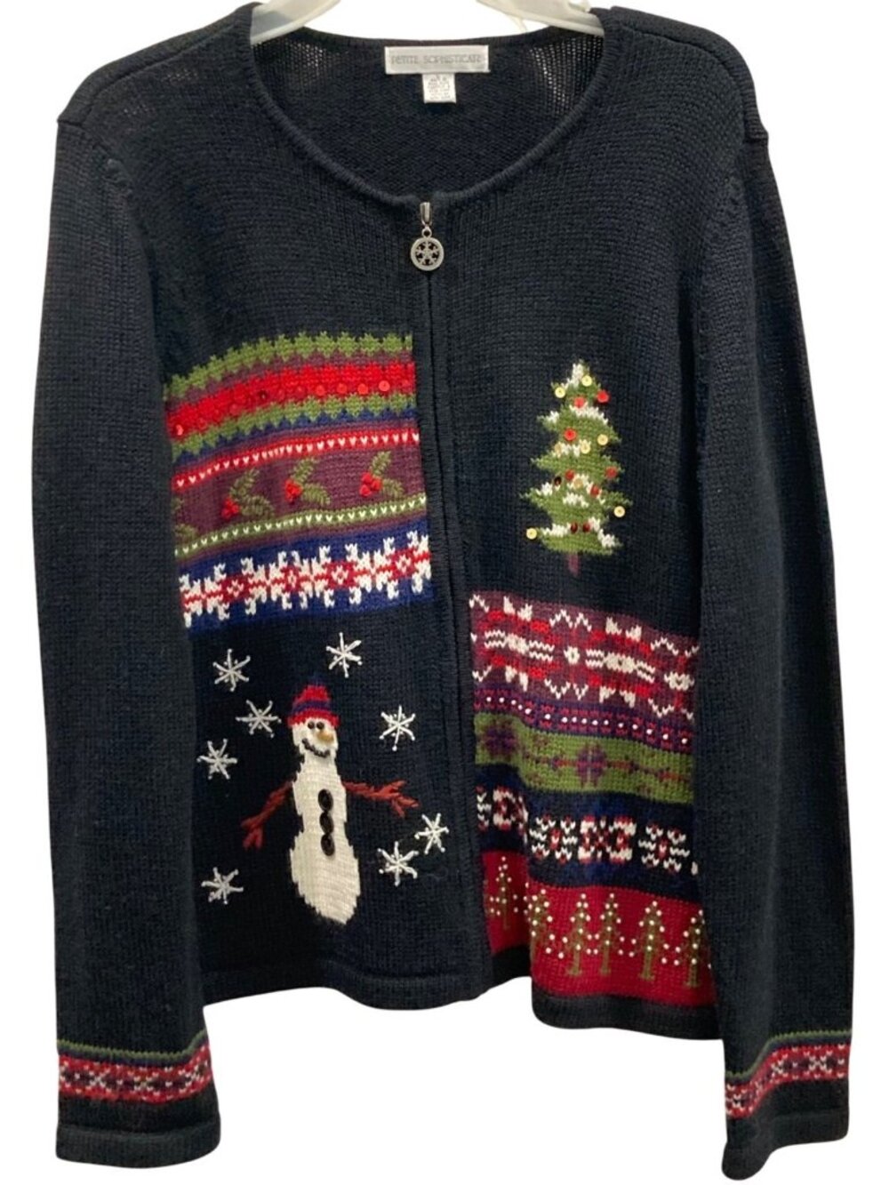 Vintage Wool Blend Holiday Cardigan Sweater PL Black Snowman Snowflake Christmas